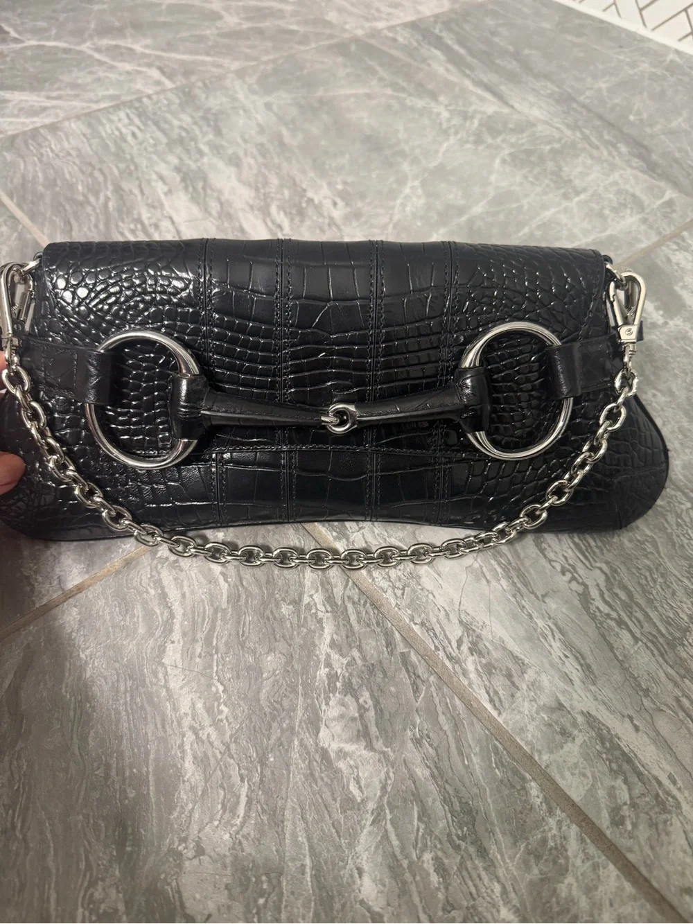 Croc-Embossed Black Leather Clutch with Silver Chain Accent